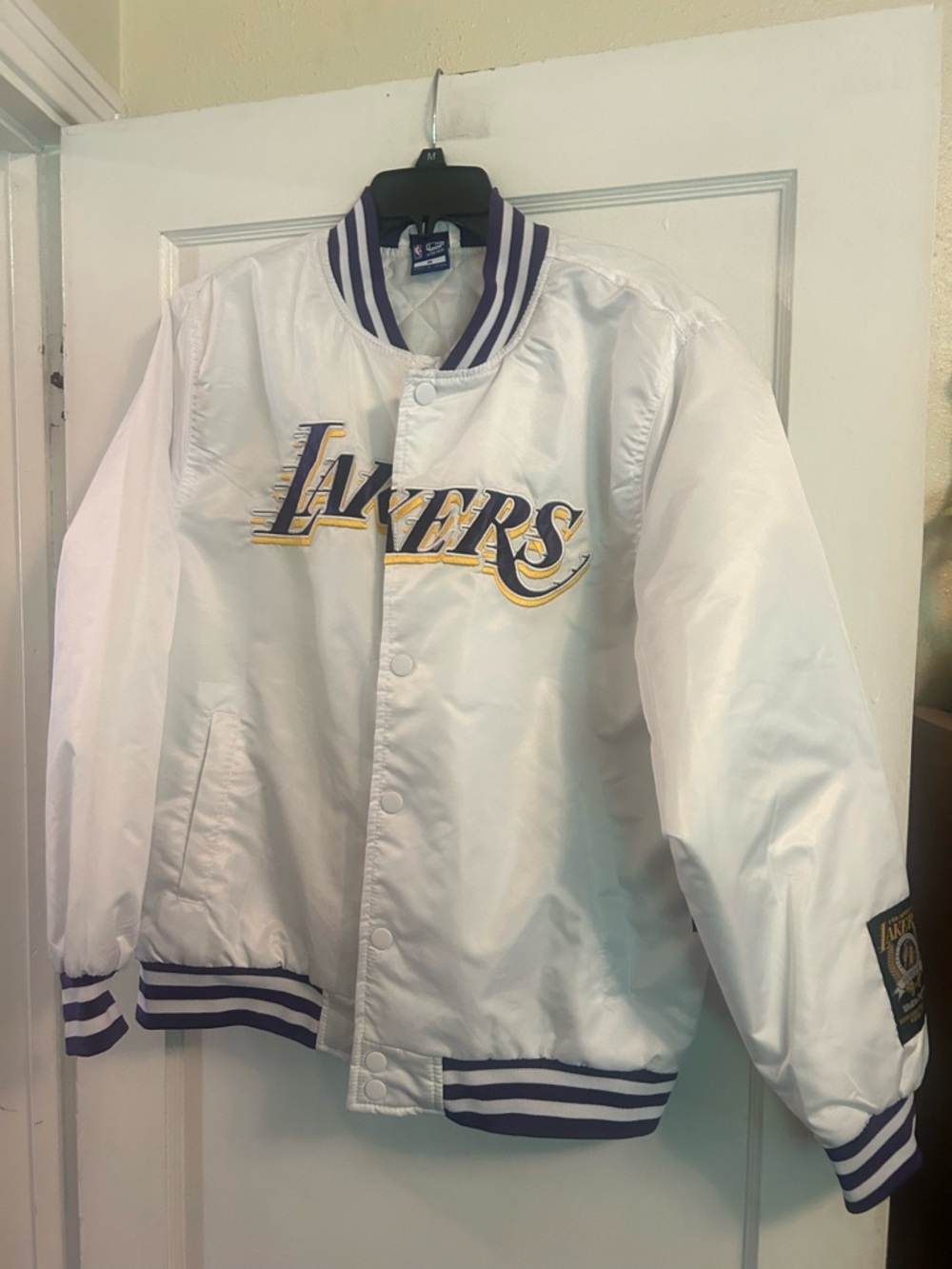 NBA Los Angeles Lakers White Satin Windbreaker Jacket with Purple & Gold Trim
